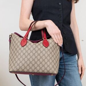 Gucci GG Monogram Canvas Tote Shoulder Bag Pink Red Trim
